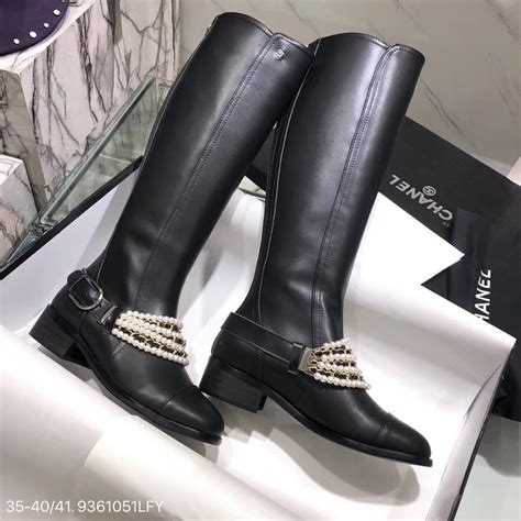 chanel long black boots|Chanel boots with pearl heel.